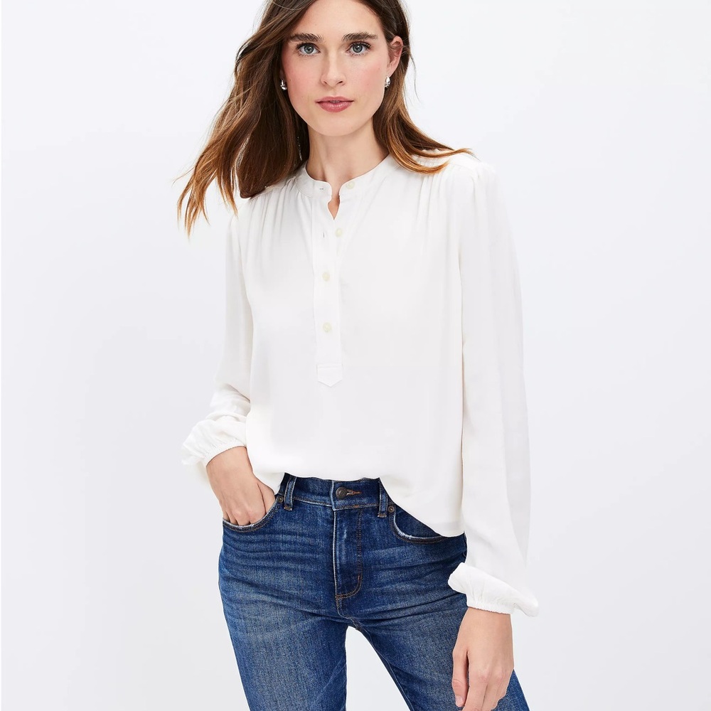 LOFT Women's White Stand Collar Henley Blouse Size Small